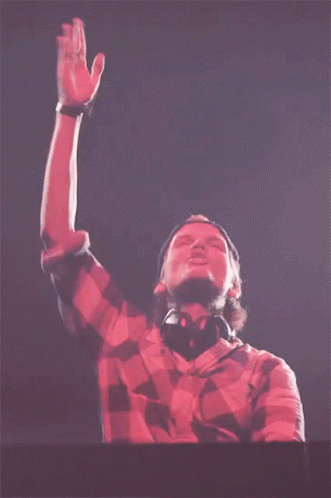 Man Wearing Headphones And Plaid Shirt Raising Hands GIF