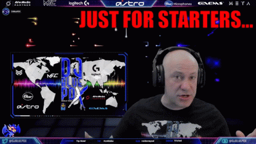 Man Wearing Headphones In Front Of Just For Starters Screen GIF