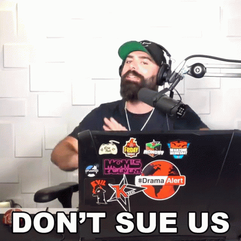 Man Wearing Headphones in Front of Laptop Saying Don't Sue Us