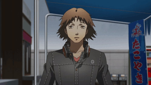 Man Wearing Headphones In Front Of Takoyaki Sign GIF