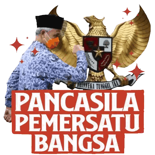 Man Wearing Mask in Front of Pancasila Statue
