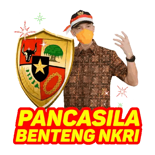 Man Wearing Mask Next to Pancasila Shield