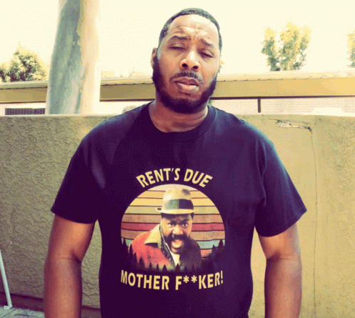 Man Wearing Rent Due T-Shirt GIF