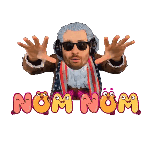 Man Wearing Sunglasses and Headphones Surrounded by Nom Nom