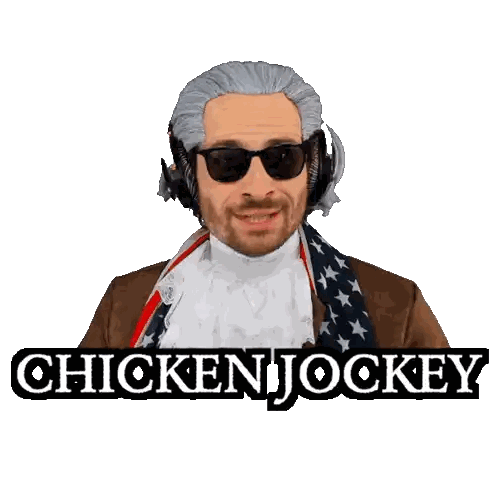 Man Wearing Wig and Sunglasses Chicken Jockey