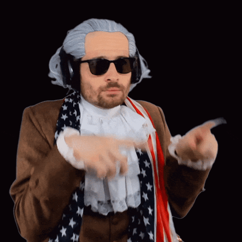 Man Wearing Wig and Sunglasses Pointing