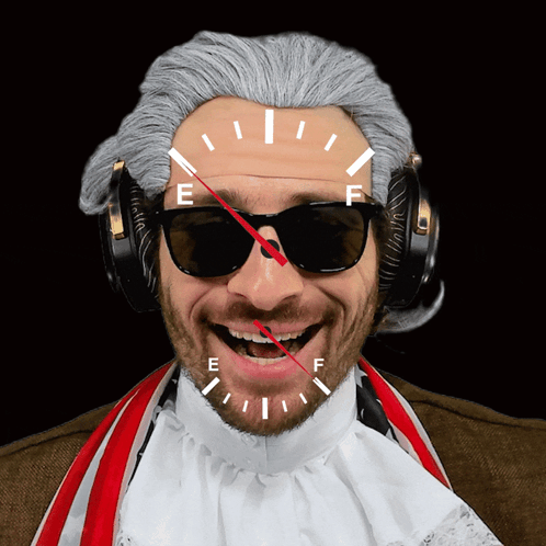 Man Wearing Wig and Sunglasses With Gauge Saying E