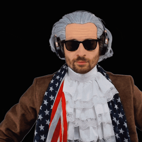 Man Wearing Wig and Sunglasses with Headphones