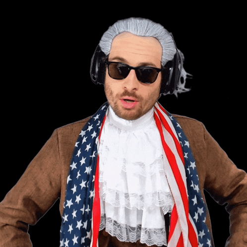 Man Wearing Wig Sunglasses and American Flag Scarf