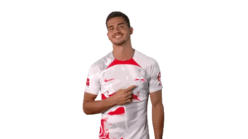 Man White Shirt with Red Bull Pointing Chest
