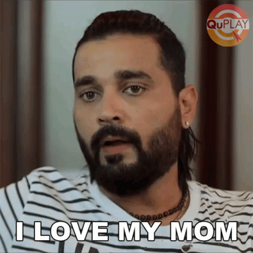Man With Beard And Earrings Saying I Love My Mom GIF