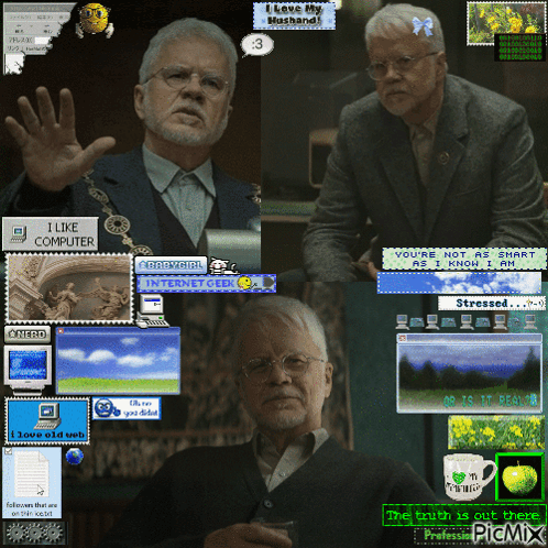 Man With Beard and Glasses Surrounded by Computer Screens Saying I Like Computer