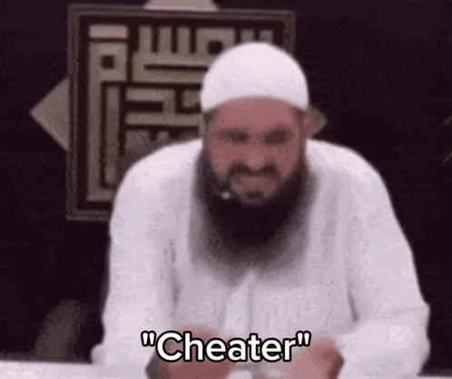 Man with Beard and White Hat Saying Cheater