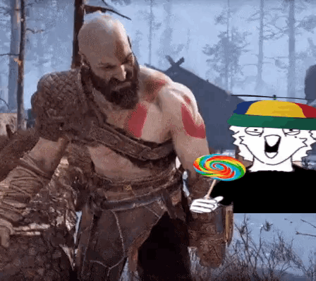 Man with Beard Holding Lollipop Next to Cartoon Character