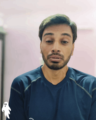 Man with Beard in Blue Shirt and Ghost