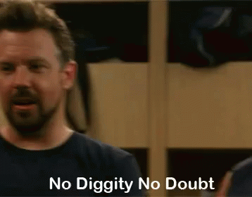 Man With Beard in Front of Locker With No Diggity No Doubt Text