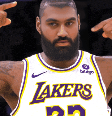 Man with Beard Pointing in Lakers Jersey