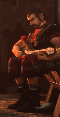 Man With Beard Sitting On Bench Holding Sword GIF