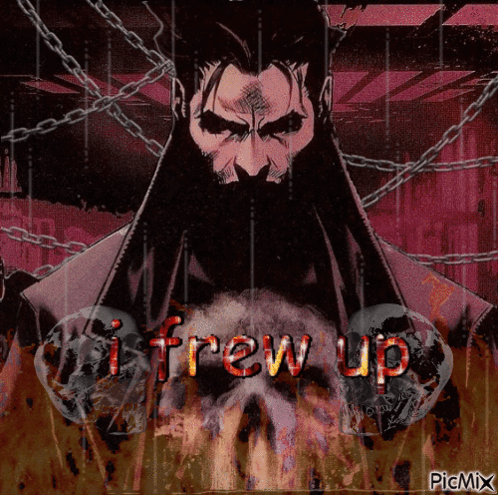 Man With Beard Surrounded by Chains and Skulls I Frew Up