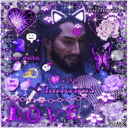 Man With Beard Surrounded by Purple Hearts and Butterflies Says I Love You Baby Girl
