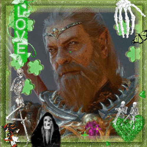 Man With Beard Surrounded by Skeletons With Love on Green Background