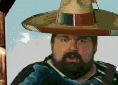 Man with Beard Wearing Sombrero and Gun
