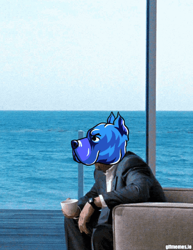 Man with Blue Dog Head Sitting
