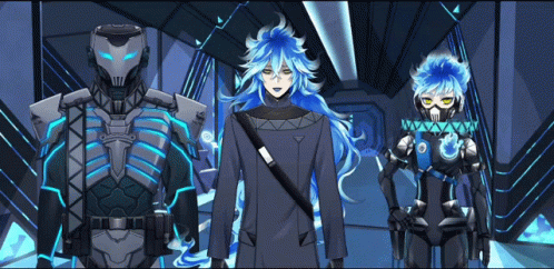 Man With Blue Hair Next To Robot GIF
