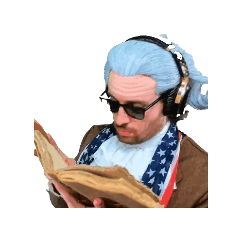 Man with Blue Wig and Headphones Reading