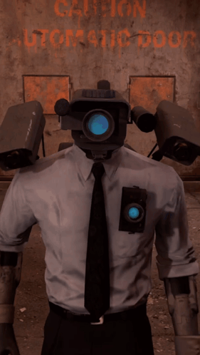Man With Camera On Head In Front Of Caution Automatic Door GIF