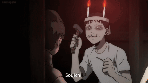 Man with Candles on Head Holding Hammer