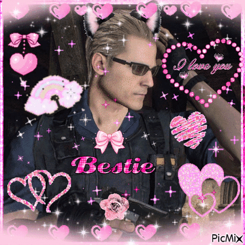 Man with Cat Ear Headband Saying Bestie