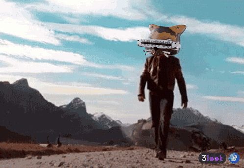 Man with Cat Head Walking Mountain Road