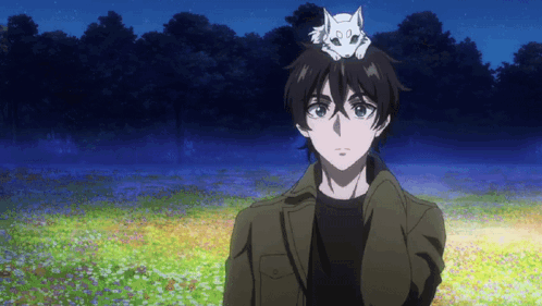 Man With Cat on Head in Field