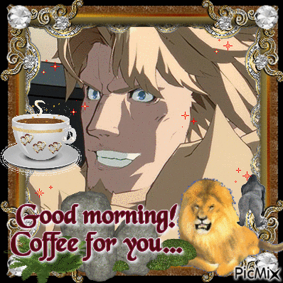 Man with Coffee and Lion Saying Good Morning
