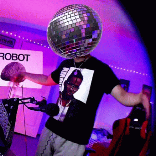 Man With Disco Ball on Head Wearing Robot T-Shirt