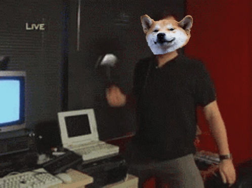 Man With Dog Head On Face In Front Of Live Sign GIF