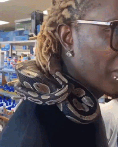 Man With Dreadlocks Holding Snake Around Neck GIF