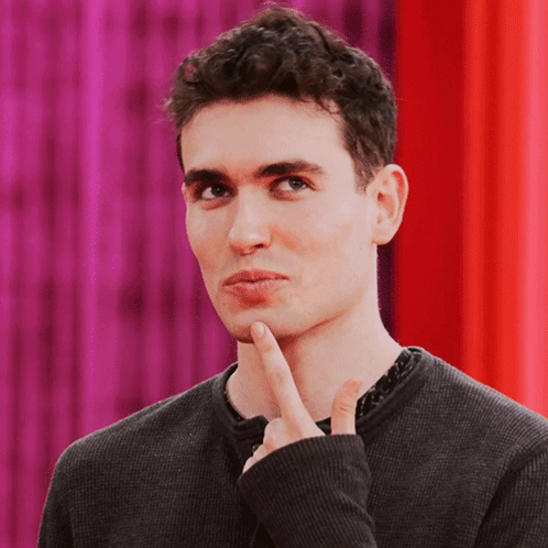 Man With Finger on Chin Pink Curtain