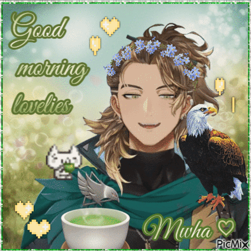 Man with Flowers in Hair Holding Cup of Tea