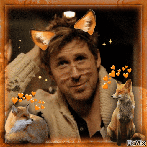 Man With Fox Ears Surrounded by Two Foxes