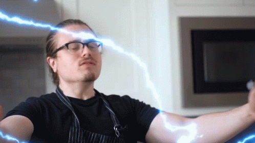 Man With Glasses And Apron With Lightning From Head GIF