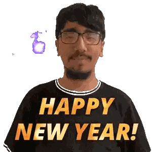 Man with Glasses and Beard in Black Shirt Saying Happy New Year