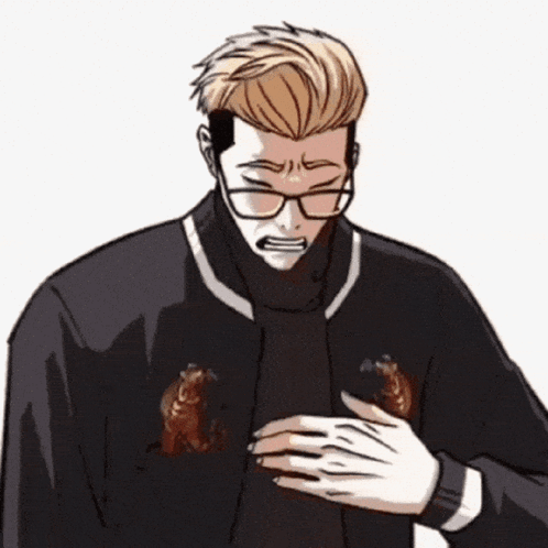 Man With Glasses And Black Jacket Holding Chest GIF