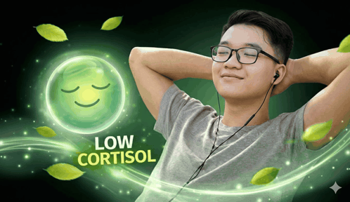 Man With Glasses and Ear Buds Surrounded by Low Cortisol