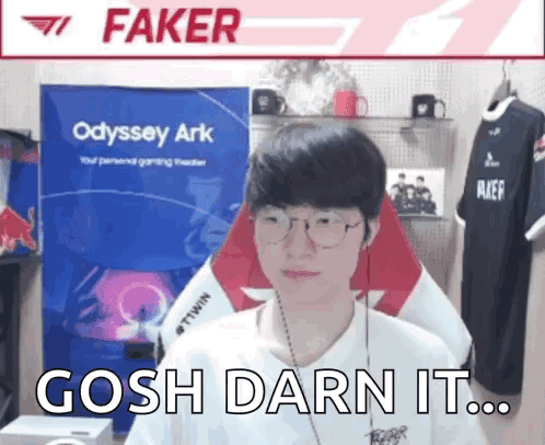 Man With Glasses and Headphones Sitting Near Faker Sign