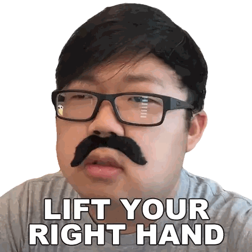 Man with Glasses and Mustache Lifting Hand