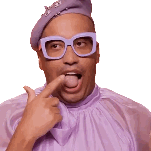 Man with Glasses and Purple Shirt Pointing at Tongue