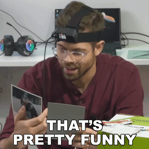 Man With Glasses Headband Saying That's Pretty Funny