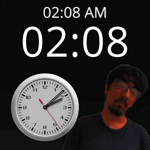 Man With Glasses in Front of Clock Saying 2:08 AM